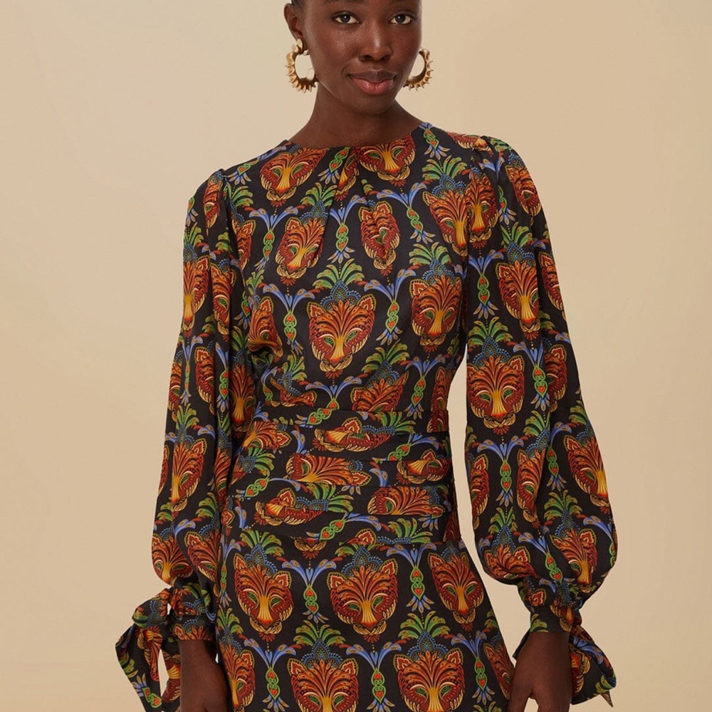 NWT  Sizw M Farm Rio Black Boho Panther LENZING Ecovero Viscose Mini Dress